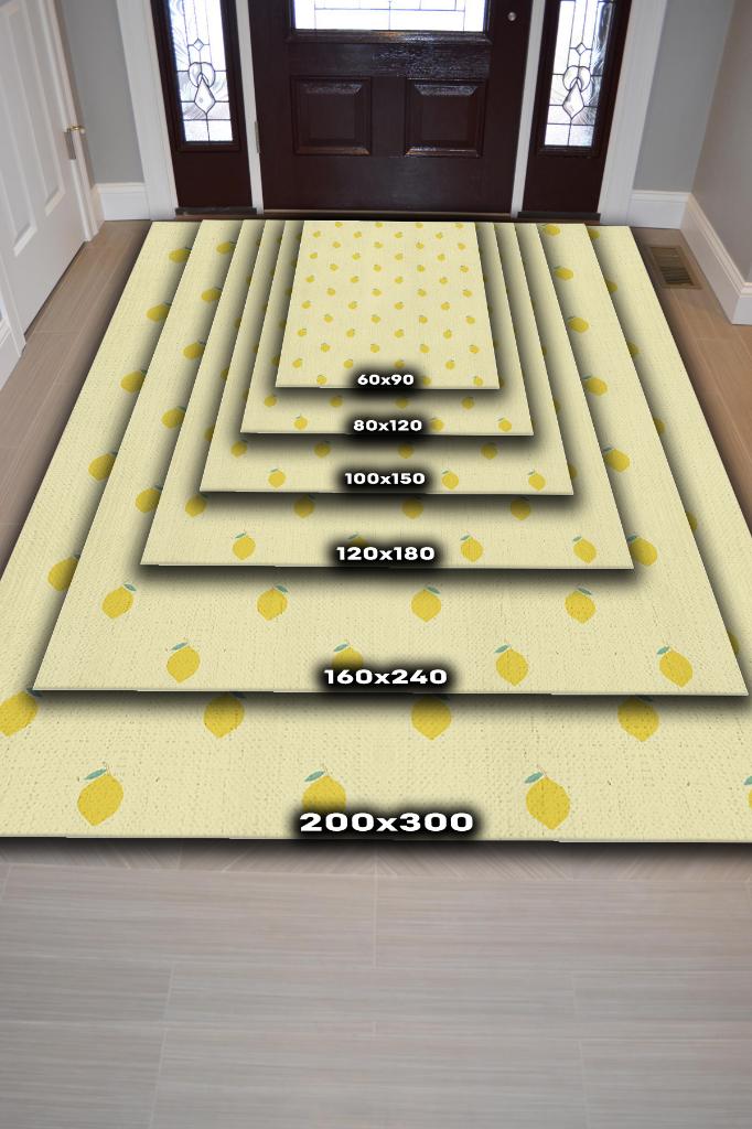 Limon Desenli Sarı Halı Minimal Salon Halısı Renkli Mutfak Halısı Tarz Oturma Odası Halı