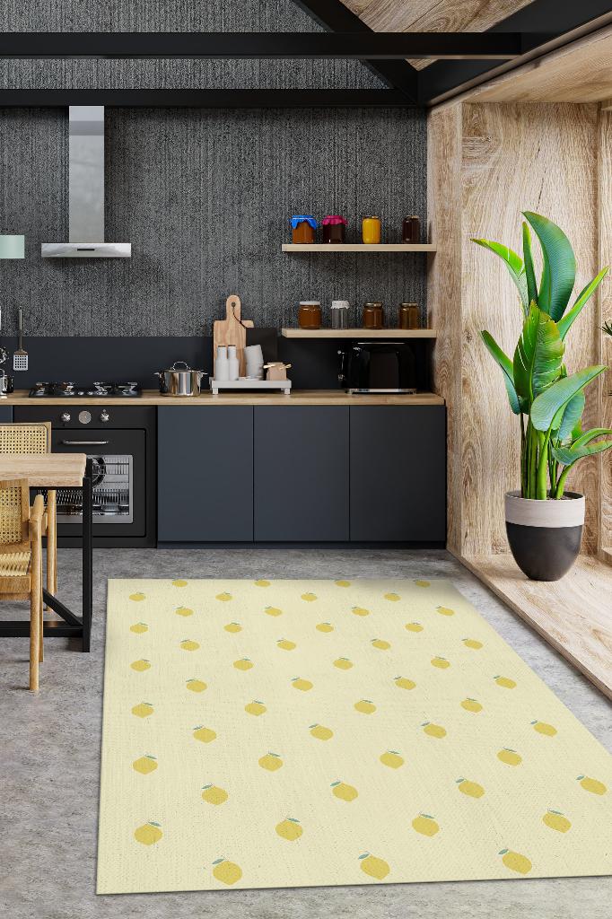 Limon Desenli Sarı Halı Minimal Salon Halısı Renkli Mutfak Halısı Tarz Oturma Odası Halı