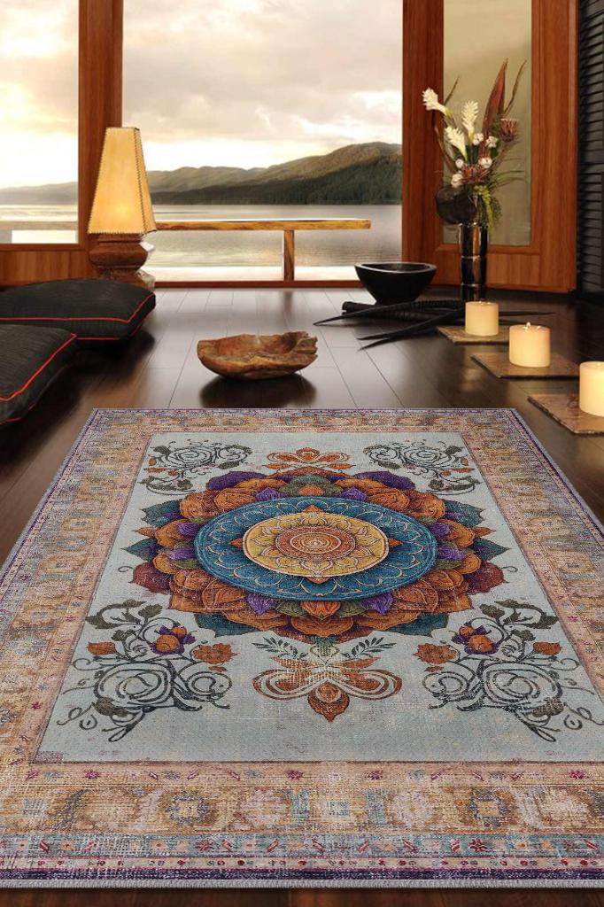 Mandala Halısı,Meditasyon Temalı Renkli Halı,Madala Desenli Çiçekli Vintage Halı,Yoga Halısı,Sipiritüel Halı