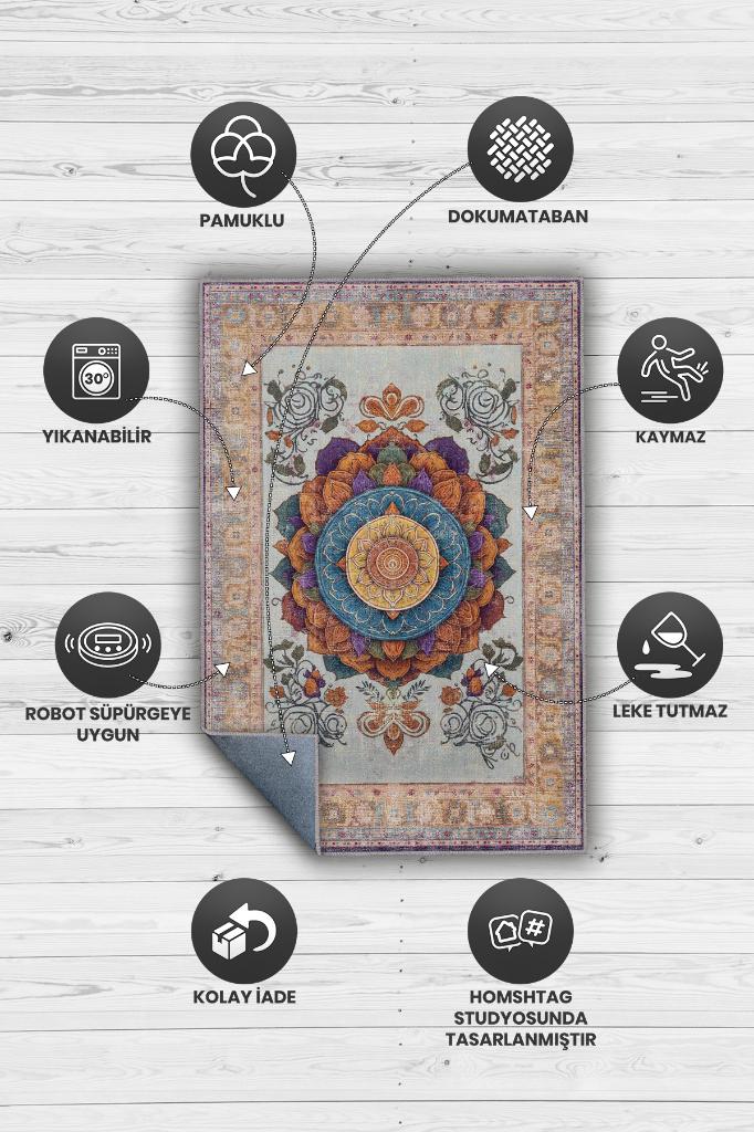 Mandala Halısı,Meditasyon Temalı Renkli Halı,Madala Desenli Çiçekli Vintage Halı,Yoga Halısı,Sipiritüel Halı
