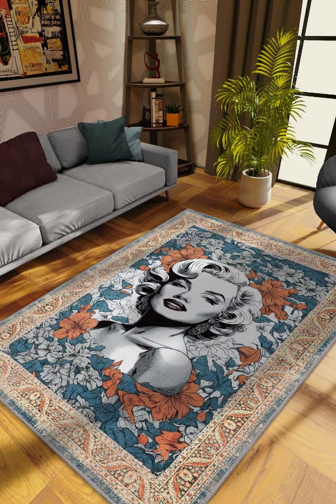 Marilyn Monroe,Modern Çiçek Desenli Art Deco Vintage Halı,Çok Renkli Maksimalist Halı