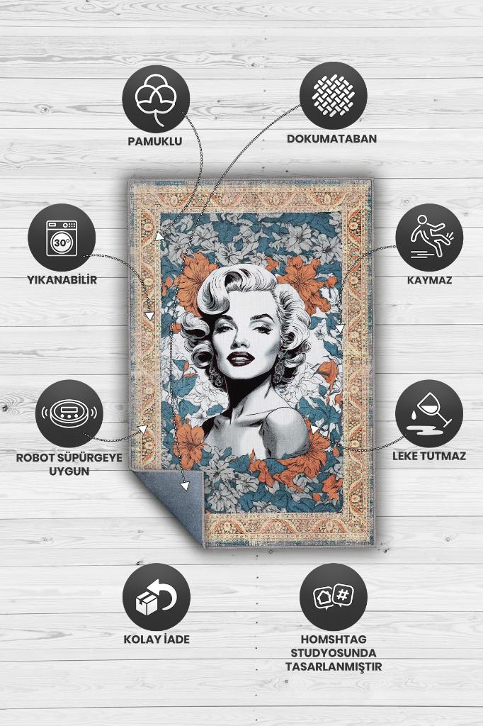 Marilyn Monroe,Modern Çiçek Desenli Art Deco Vintage Halı,Çok Renkli Maksimalist Halı