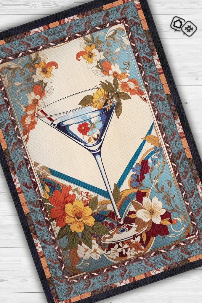 Martini Temalı Geleneksel Desenli Orijinal Tasarımlı Party Ve Mutfak Halı Renkli Baskı Halı