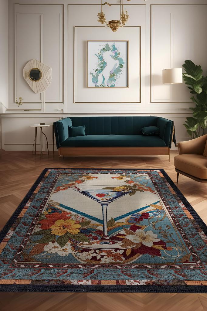 Martini Temalı Geleneksel Desenli Orijinal Tasarımlı Party Ve Mutfak Halı Renkli Baskı Halı