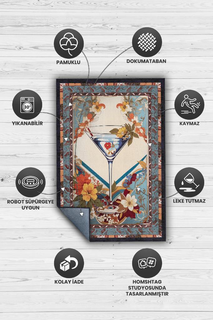 Martini Temalı Geleneksel Desenli Orijinal Tasarımlı Party Ve Mutfak Halı Renkli Baskı Halı