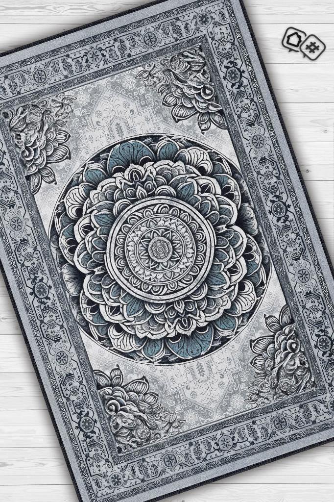 Mavi Mandala Halısı,Meditasyon Mavi Gri Halı,Madala Desenli Çiçekli Vintage Halı,Yoga Halısı,Sipiritüel Halı