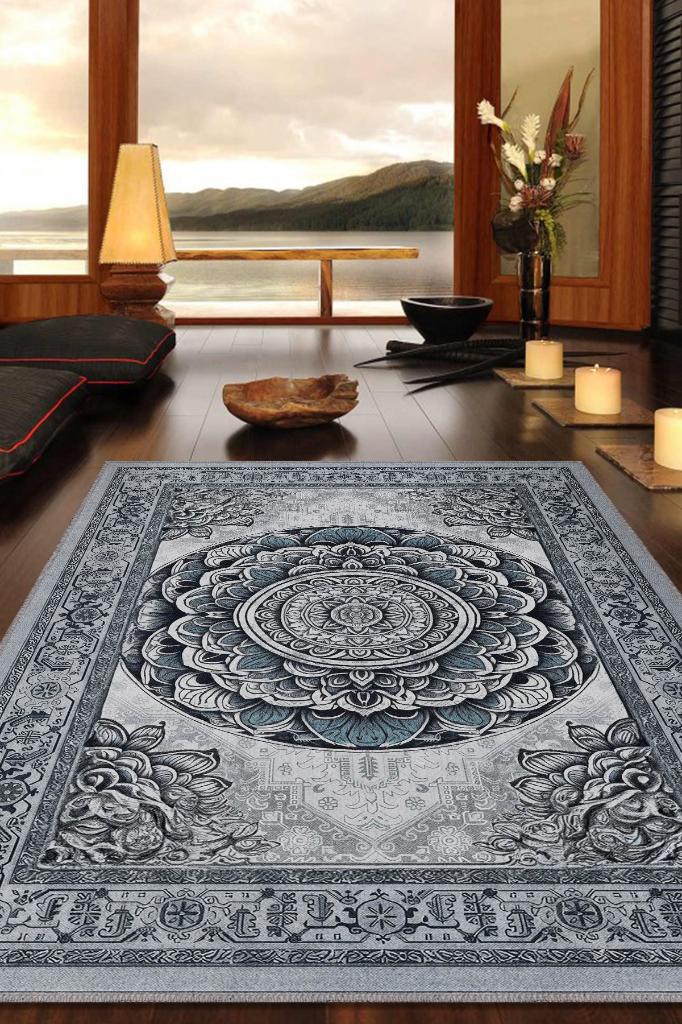 Mavi Mandala Halısı,Meditasyon Mavi Gri Halı,Madala Desenli Çiçekli Vintage Halı,Yoga Halısı,Sipiritüel Halı