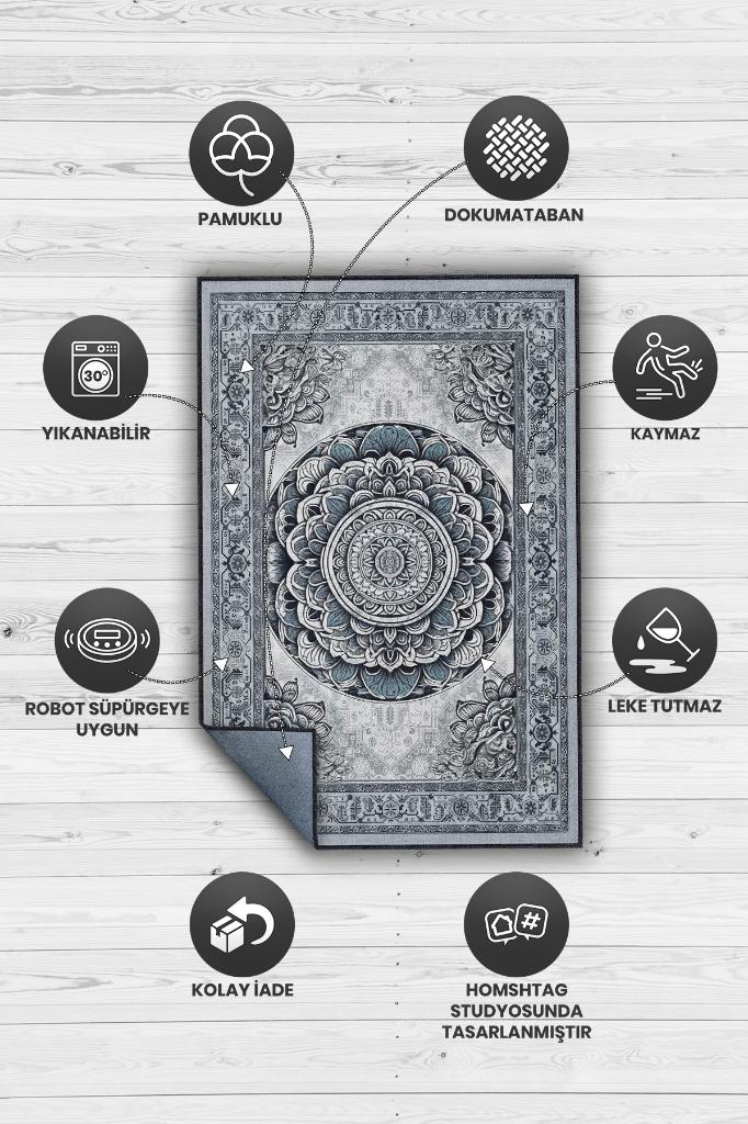 Mavi Mandala Halısı,Meditasyon Mavi Gri Halı,Madala Desenli Çiçekli Vintage Halı,Yoga Halısı,Sipiritüel Halı