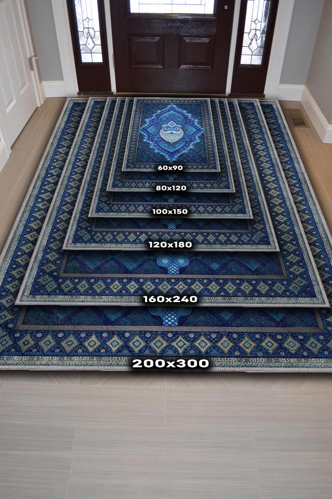 Mavi Yer Cücesi Temalı Halı Mavi Renkli Etnik Oturma Odası Halısı Yer Cücesi Figürlü Halı