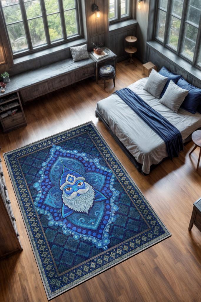 Mavi Yer Cücesi Temalı Halı Mavi Renkli Etnik Oturma Odası Halısı Yer Cücesi Figürlü Halı