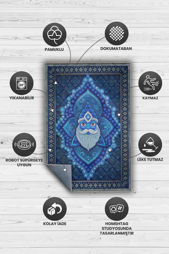 Mavi Yer Cücesi Temalı Halı Mavi Renkli Etnik Oturma Odası Halısı Yer Cücesi Figürlü Halı