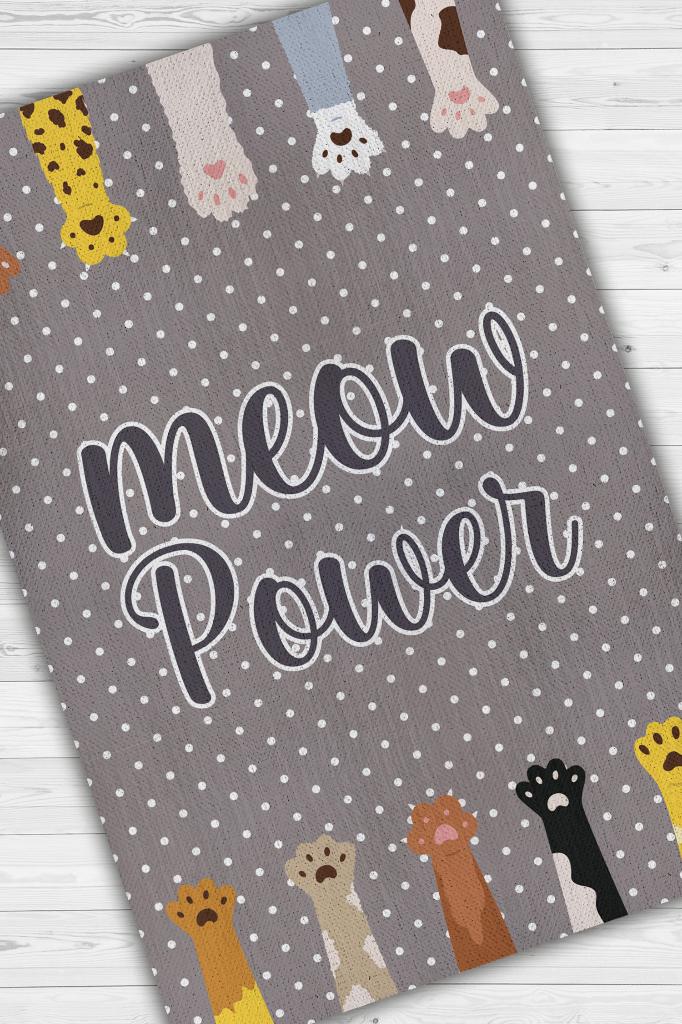 Miyav Gücü Gri Renkli Kedi Temalı Halı Çok Renkli Çocuk Odası Halısı Kreş Anaokulu Halısı