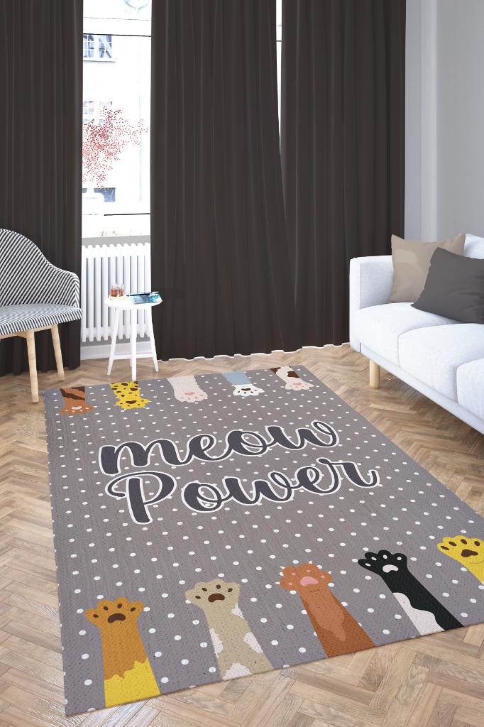 Miyav Gücü Gri Renkli Kedi Temalı Halı Çok Renkli Çocuk Odası Halısı Kreş Anaokulu Halısı