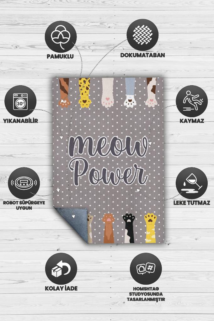 Miyav Gücü Gri Renkli Kedi Temalı Halı Çok Renkli Çocuk Odası Halısı Kreş Anaokulu Halısı