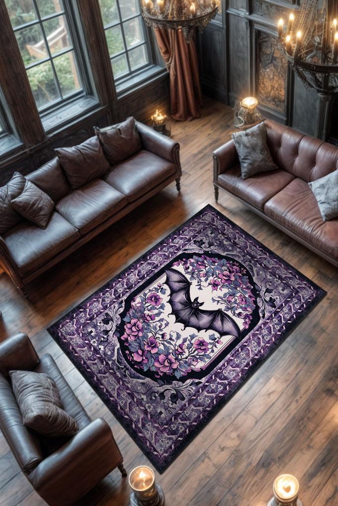 Mor Gotik Yarasa Desenli Korku Temalı Salon Halısı Mor Renk Halı Gotik Korku Sanatı Halısı