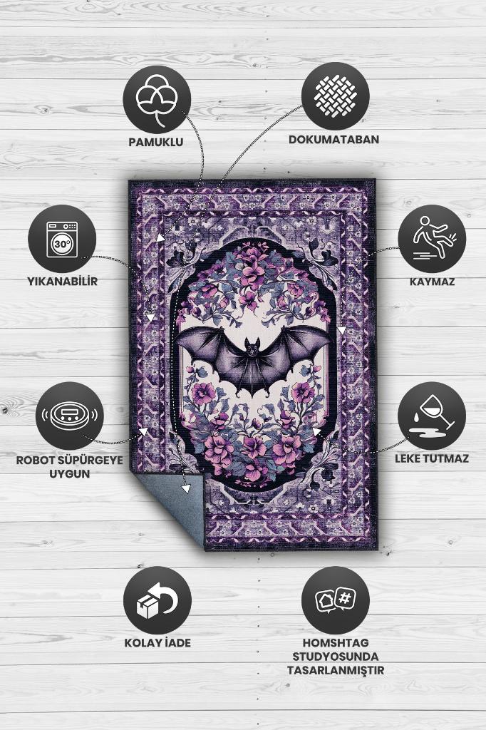 Mor Gotik Yarasa Desenli Korku Temalı Salon Halısı Mor Renk Halı Gotik Korku Sanatı Halısı
