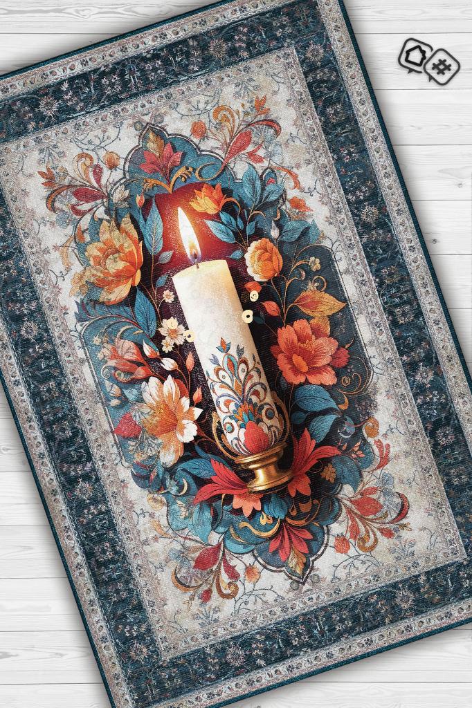 Mum Temalı Halı Mavi Gri Meditasyon Halısı Çiçekli Vintage Halı Spiritüel Temalı Halısı