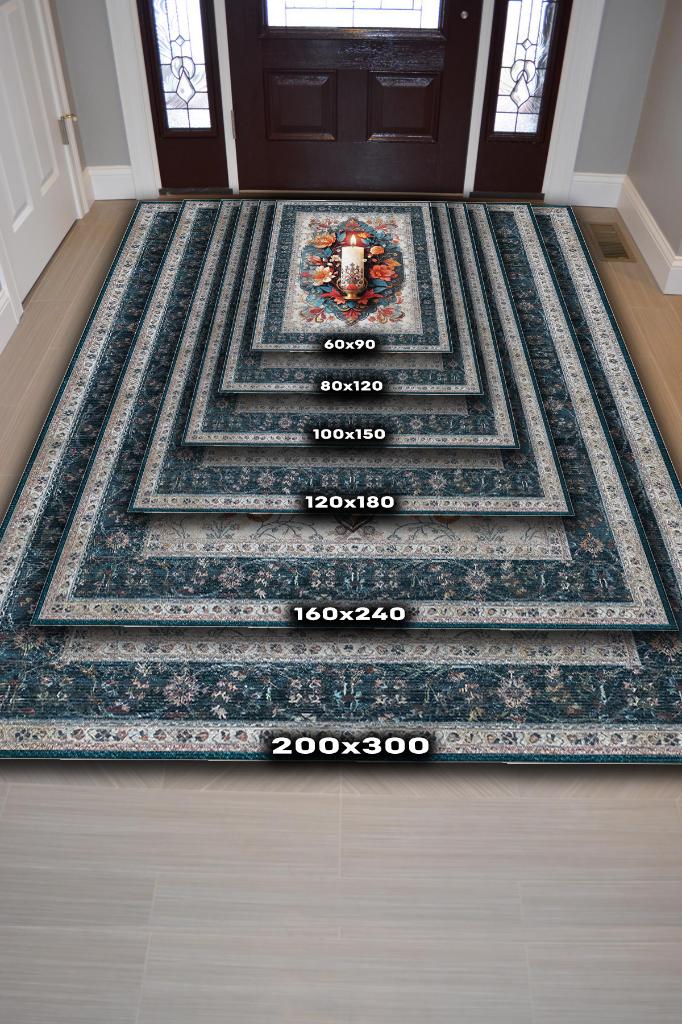 Mum Temalı Halı Mavi Gri Meditasyon Halısı Çiçekli Vintage Halı Spiritüel Temalı Halısı