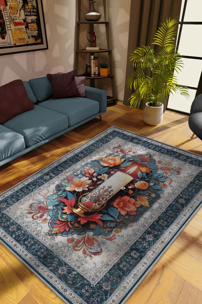 Mum Temalı Halı Mavi Gri Meditasyon Halısı Çiçekli Vintage Halı Spiritüel Temalı Halısı
