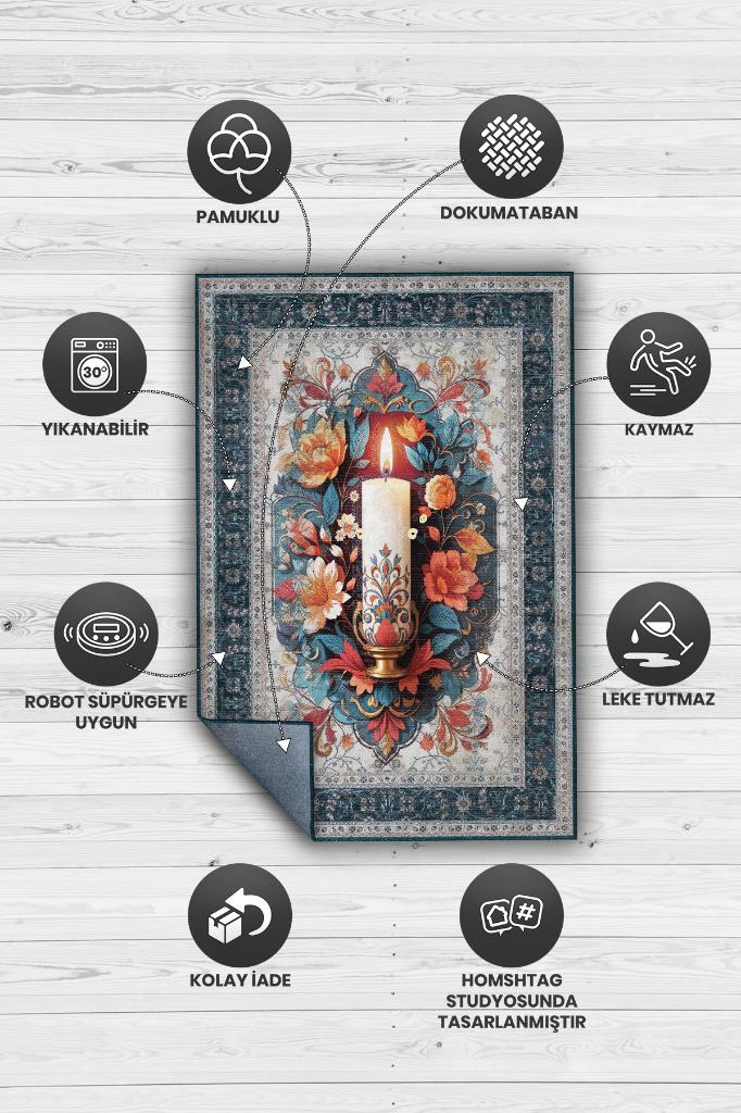 Mum Temalı Halı Mavi Gri Meditasyon Halısı Çiçekli Vintage Halı Spiritüel Temalı Halısı