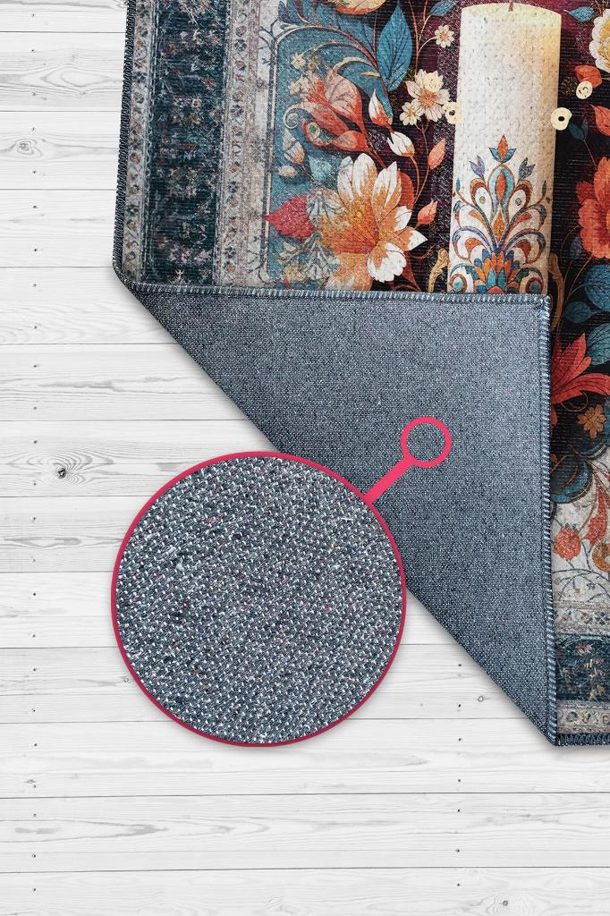 Mum Temalı Halı Mavi Gri Meditasyon Halısı Çiçekli Vintage Halı Spiritüel Temalı Halısı