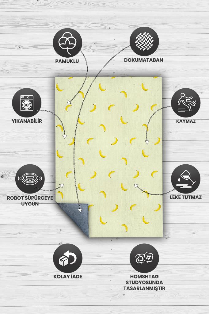 Muz Desenli Sarı Halı Minimal Salon Halısı Renkli Mutfak Halısı Tarz Oturma Odası Halı