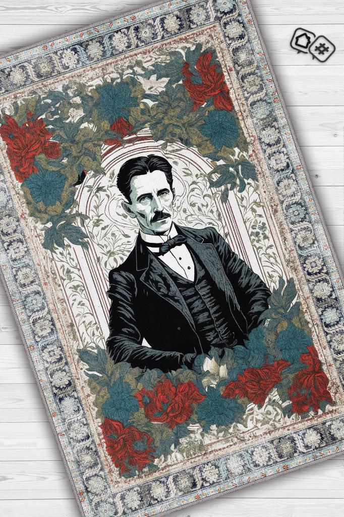 Nikola Tesla ,Modern Çiçek Desenli Art Deco Vintage Halı,Çok Renkli Maksimalist Halı