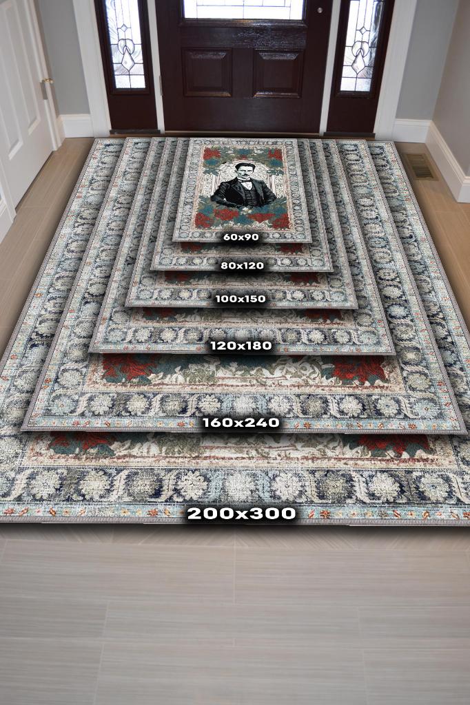 Nikola Tesla ,Modern Çiçek Desenli Art Deco Vintage Halı,Çok Renkli Maksimalist Halı