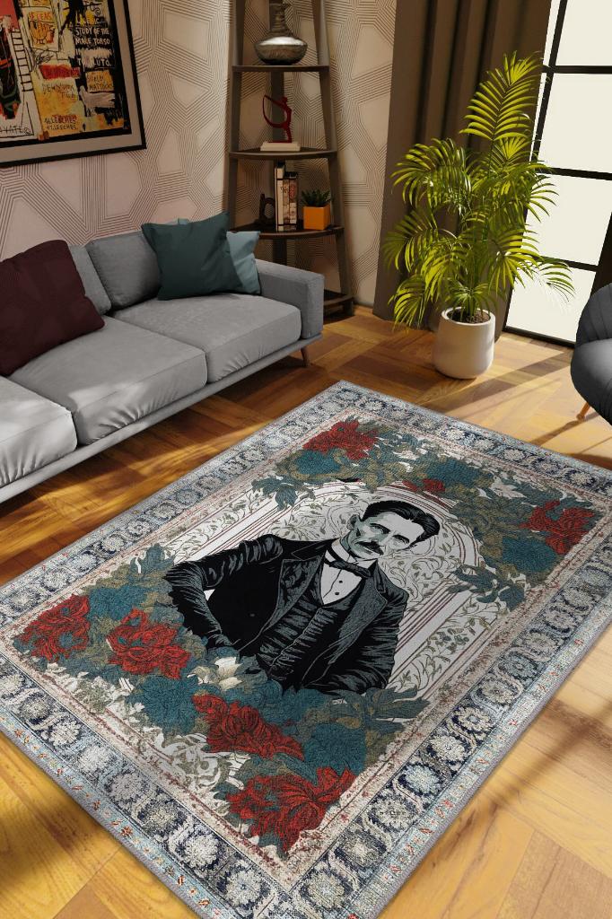 Nikola Tesla ,Modern Çiçek Desenli Art Deco Vintage Halı,Çok Renkli Maksimalist Halı