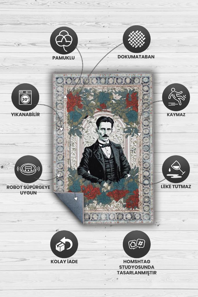 Nikola Tesla ,Modern Çiçek Desenli Art Deco Vintage Halı,Çok Renkli Maksimalist Halı