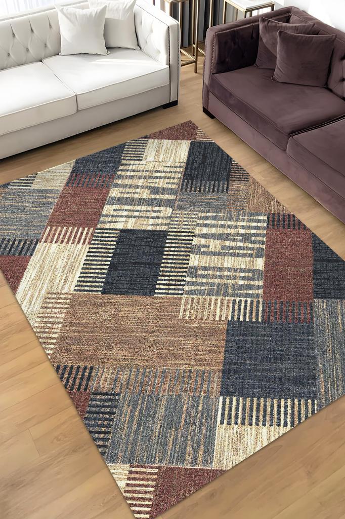 No Pain No Gain Kahverengi Bej Renkli Halı Geometrik Oturma Odası Halısı Minimal Salon Halı