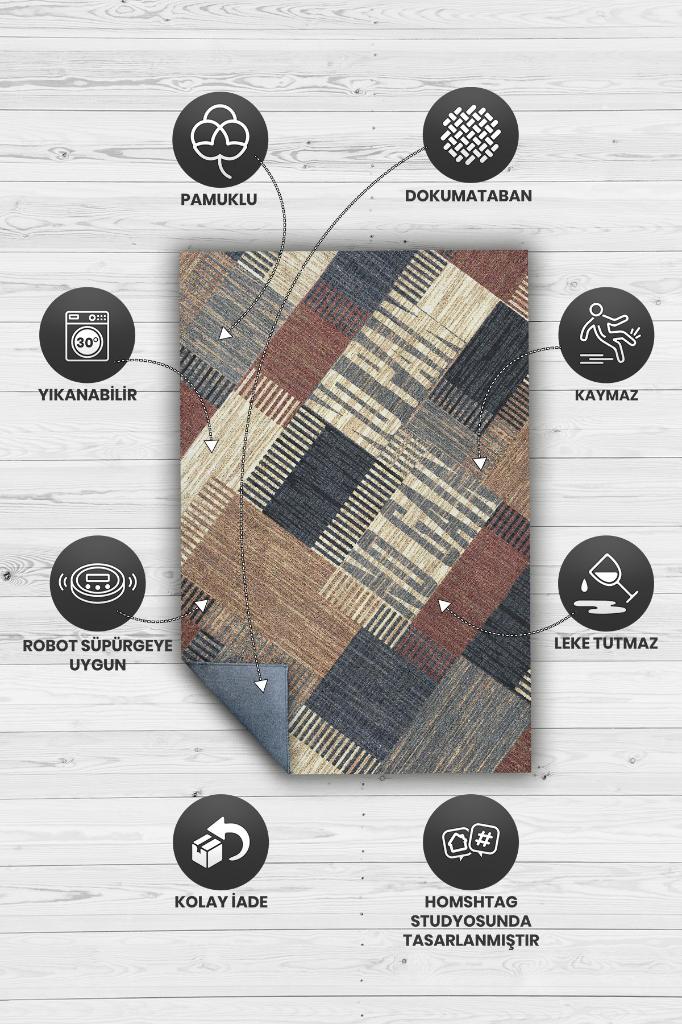 No Pain No Gain Kahverengi Bej Renkli Halı Geometrik Oturma Odası Halısı Minimal Salon Halı