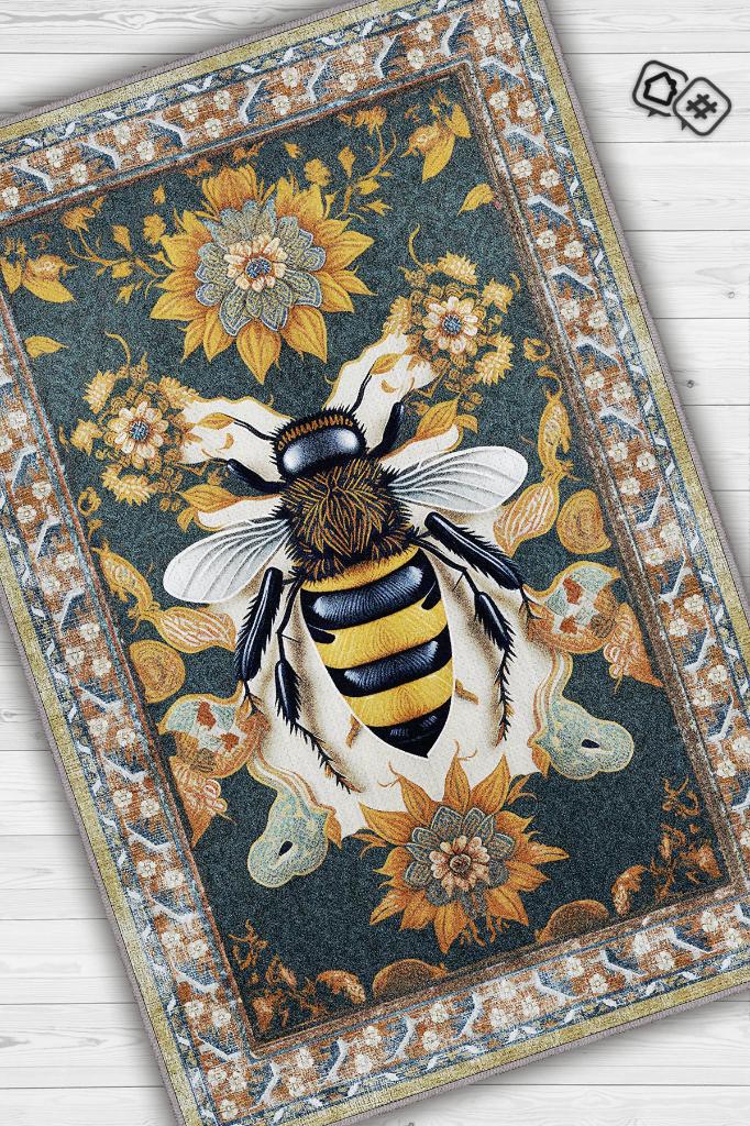 Nuh'un Gemisi Koleksiyonu Arı, Çiçek Desenli Art Deco Tarzı Vintage Halı,Çok Renkli Maksimalist Halı