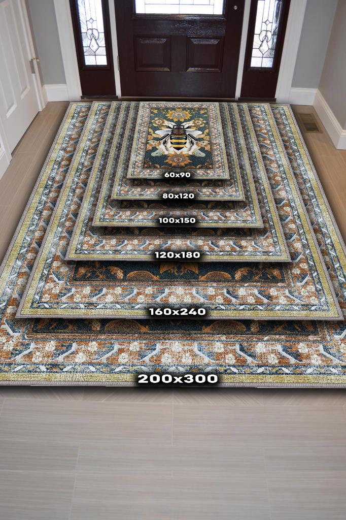 Nuh'un Gemisi Koleksiyonu Arı, Çiçek Desenli Art Deco Tarzı Vintage Halı,Çok Renkli Maksimalist Halı