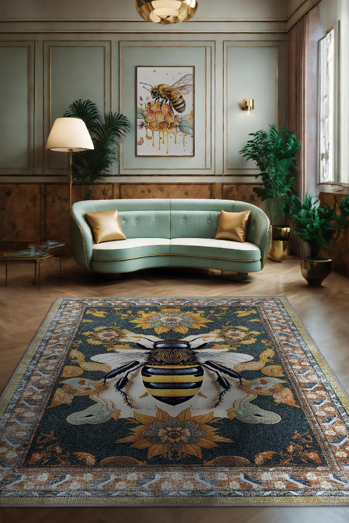 Nuh'un Gemisi Koleksiyonu Arı, Çiçek Desenli Art Deco Tarzı Vintage Halı,Çok Renkli Maksimalist Halı