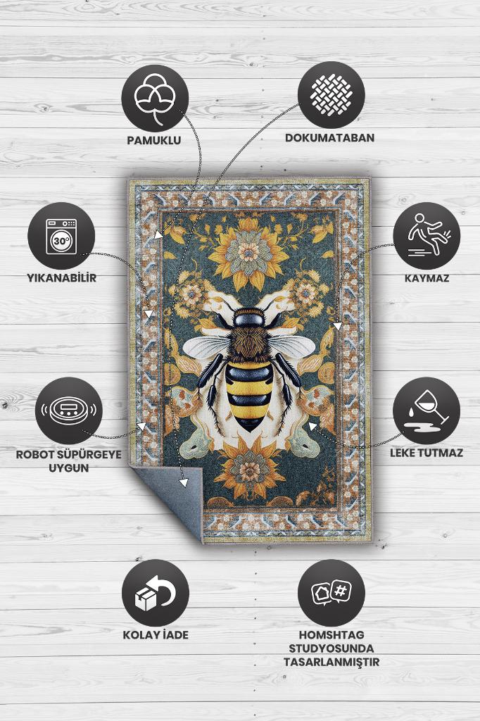 Nuh'un Gemisi Koleksiyonu Arı, Çiçek Desenli Art Deco Tarzı Vintage Halı,Çok Renkli Maksimalist Halı