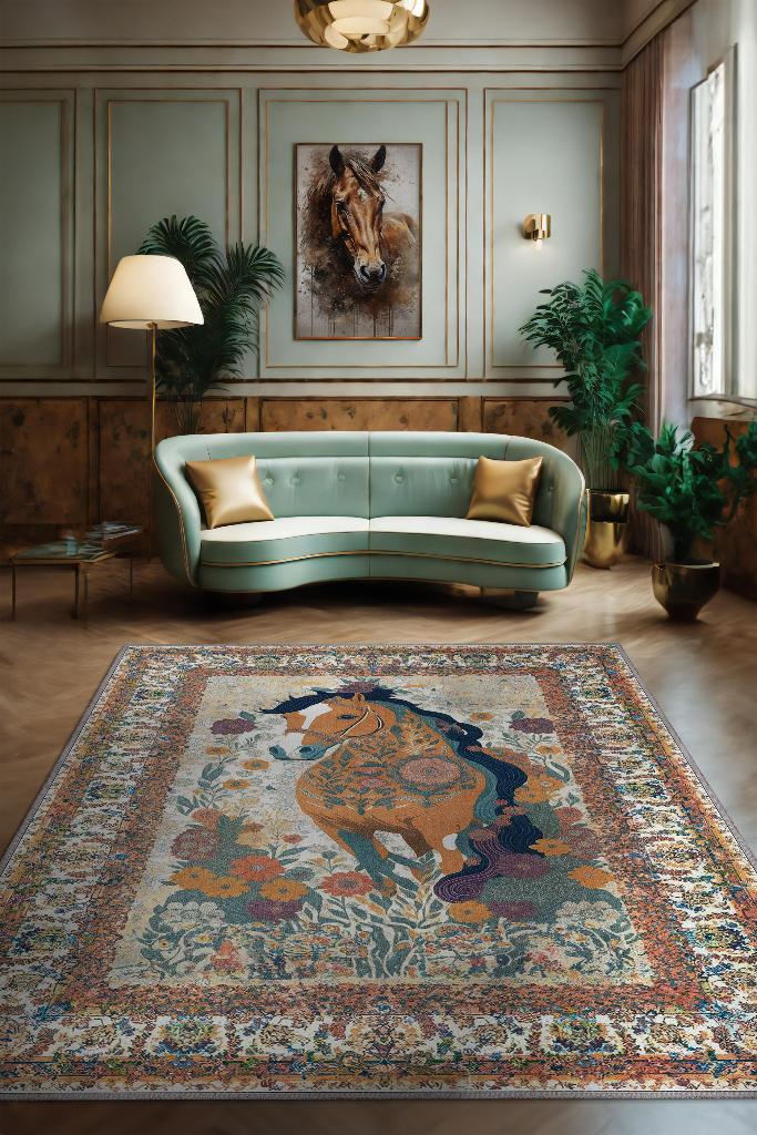 Nuh'un Gemisi Koleksiyonu At, Çiçek Desenli Art Deco Tarzı Vintage Halı,Çok Renkli Maksimalist Halı