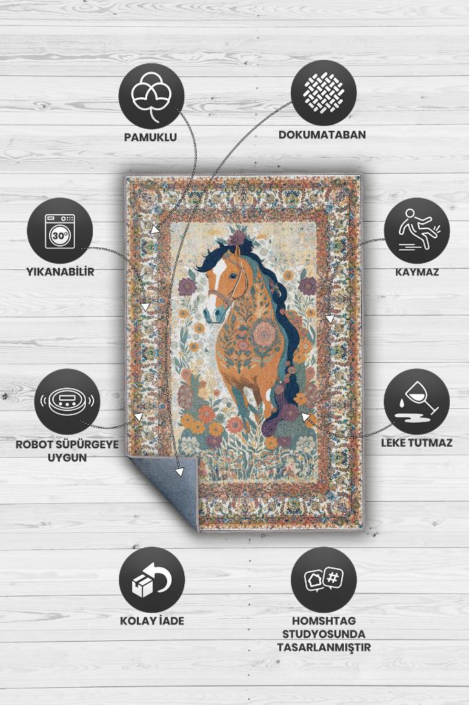 Nuh'un Gemisi Koleksiyonu At, Çiçek Desenli Art Deco Tarzı Vintage Halı,Çok Renkli Maksimalist Halı