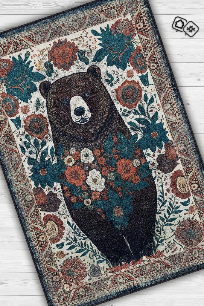 Nuh'un Gemisi Koleksiyonu Ayı, Çiçek Desenli Art Deco Tarzı Vintage Halı,Çok Renkli Maksimalist Halı