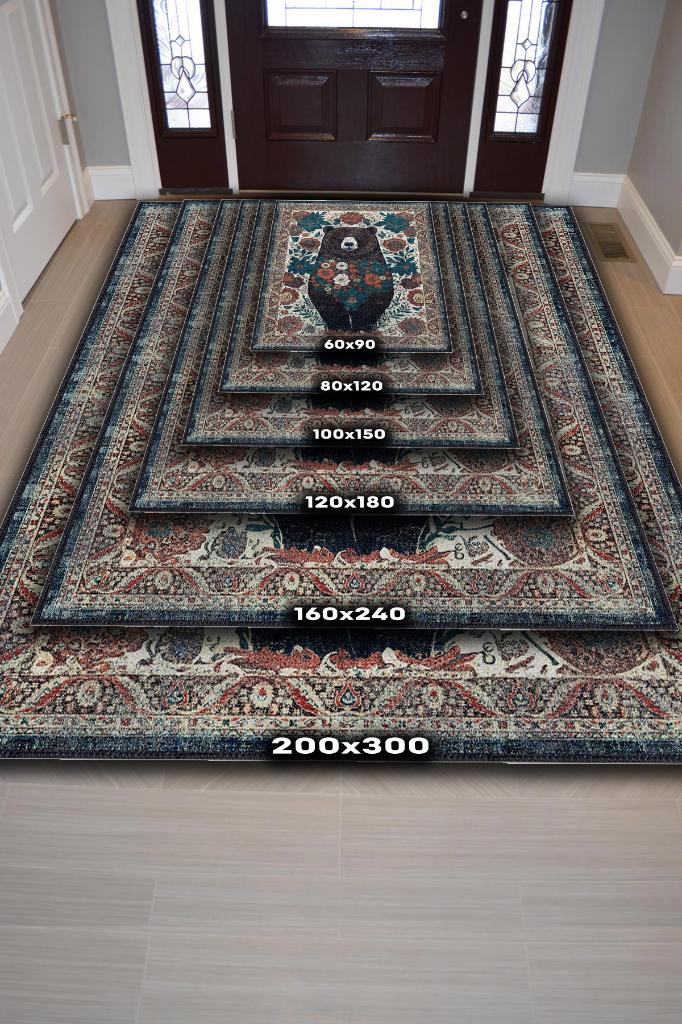 Nuh'un Gemisi Koleksiyonu Ayı, Çiçek Desenli Art Deco Tarzı Vintage Halı,Çok Renkli Maksimalist Halı