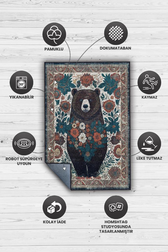 Nuh'un Gemisi Koleksiyonu Ayı, Çiçek Desenli Art Deco Tarzı Vintage Halı,Çok Renkli Maksimalist Halı