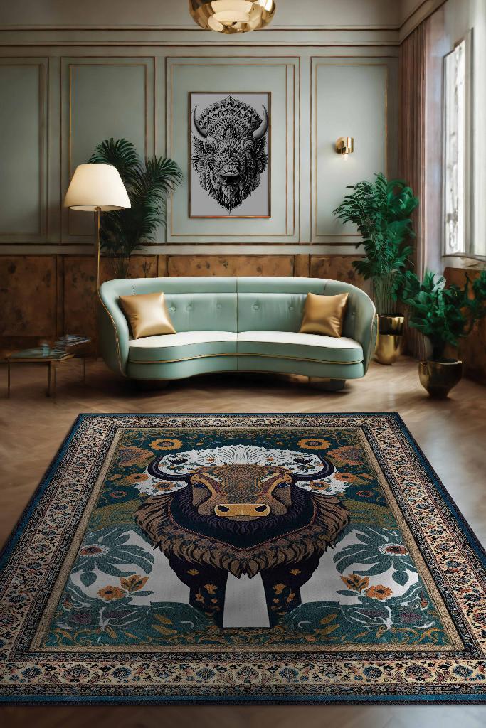 Nuh'un Gemisi Koleksiyonu Bizon, Çiçek Desenli Art Deco Tarzı Vintage Halı,Çok Renkli Maksimalist Halı