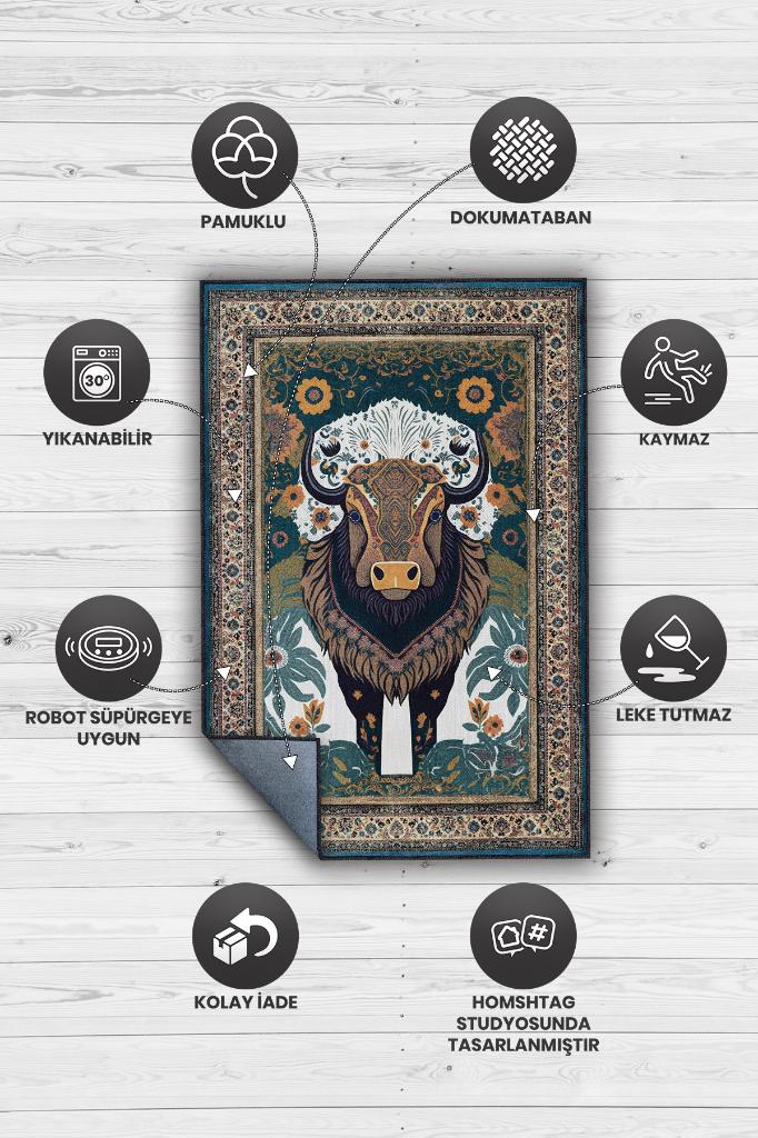 Nuh'un Gemisi Koleksiyonu Bizon, Çiçek Desenli Art Deco Tarzı Vintage Halı,Çok Renkli Maksimalist Halı