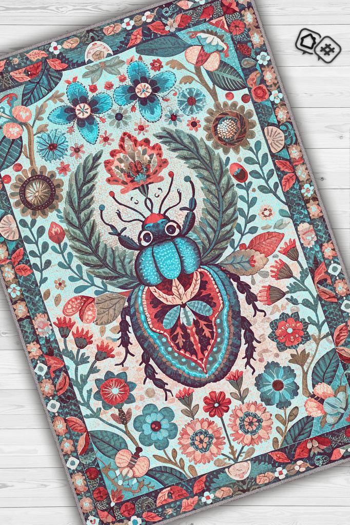 Nuh'un Gemisi Koleksiyonu Böcek Temalı Çiçek Desenli Vintage Renkli Bordürlü Konsept Halı