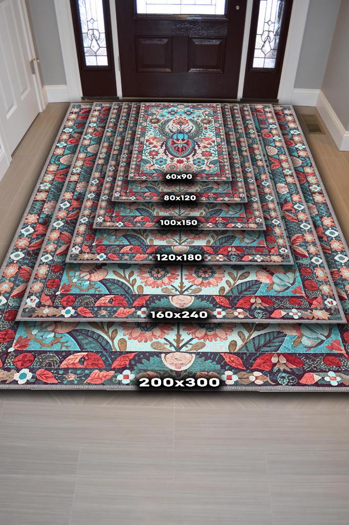 Nuh'un Gemisi Koleksiyonu Böcek Temalı Çiçek Desenli Vintage Renkli Bordürlü Konsept Halı