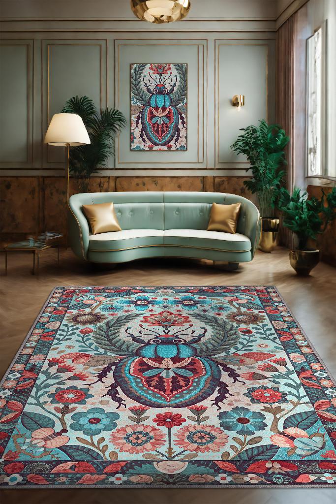 Nuh'un Gemisi Koleksiyonu Böcek Temalı Çiçek Desenli Vintage Renkli Bordürlü Konsept Halı