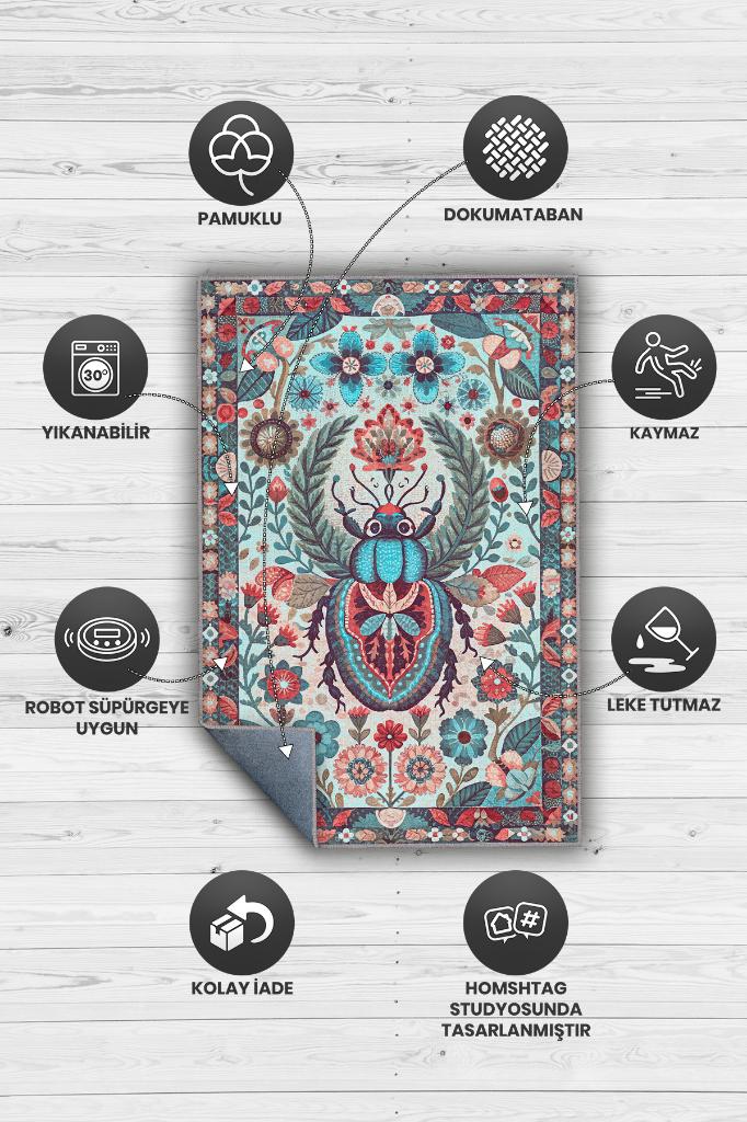 Nuh'un Gemisi Koleksiyonu Böcek Temalı Çiçek Desenli Vintage Renkli Bordürlü Konsept Halı
