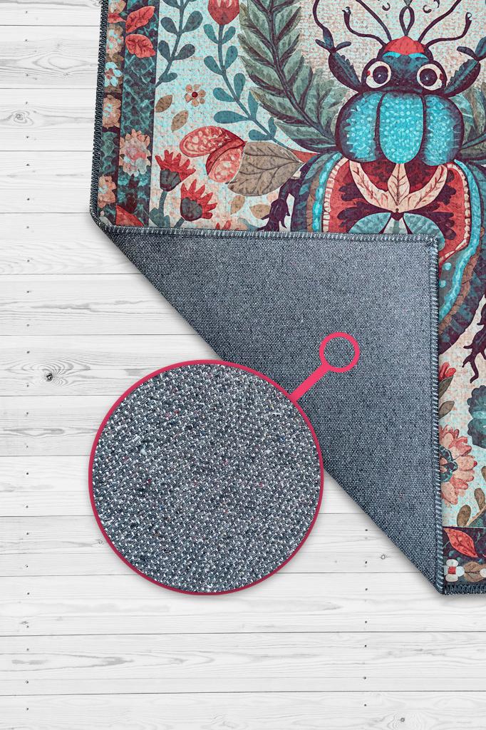 Nuh'un Gemisi Koleksiyonu Böcek Temalı Çiçek Desenli Vintage Renkli Bordürlü Konsept Halı