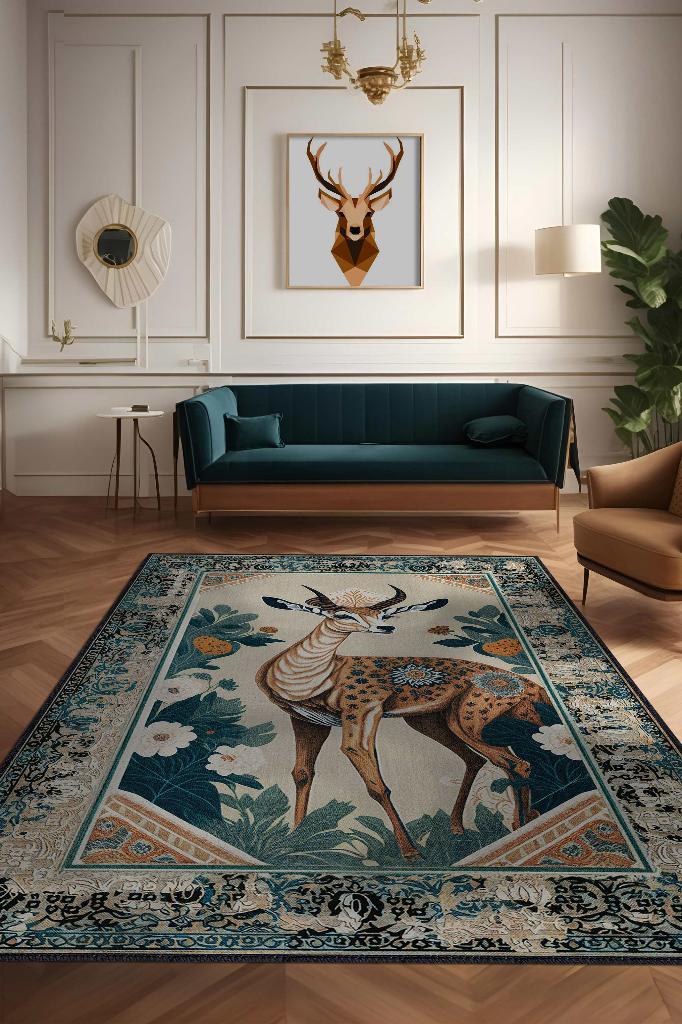 Nuh'un Gemisi Koleksiyonu Ceylan, Çiçek Desenli Art Deco Tarzı Vintage Halı,Çok Renkli Maksimalist Halı