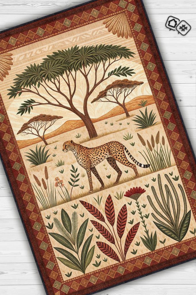 Nuh'un Gemisi Koleksiyonu Çita Temalı Çiçekli Çok Renkli Bordürlü Şık Konsept Halı